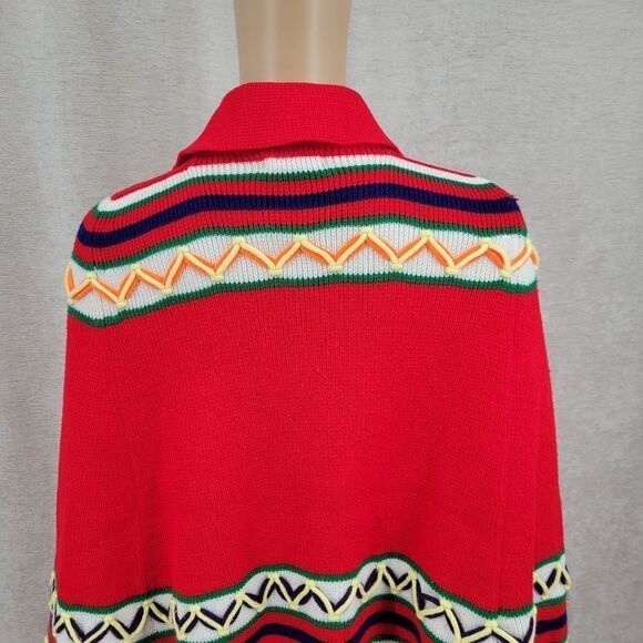 Vintage 70s Red Southwestern Knit Button Down Poncho Hippie Red - Picture 3 of 12